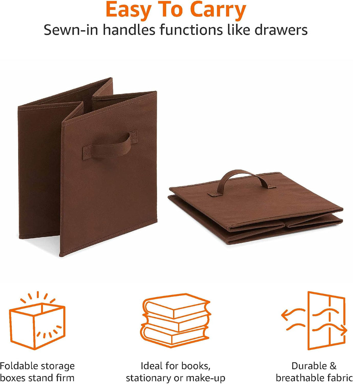 Amazon Basics Collapsible Fabric Storage Bins with Handles, Cube Organizer, Lightweight Fabric, 10.5"x10.5"x11", Brown, 6-Pack