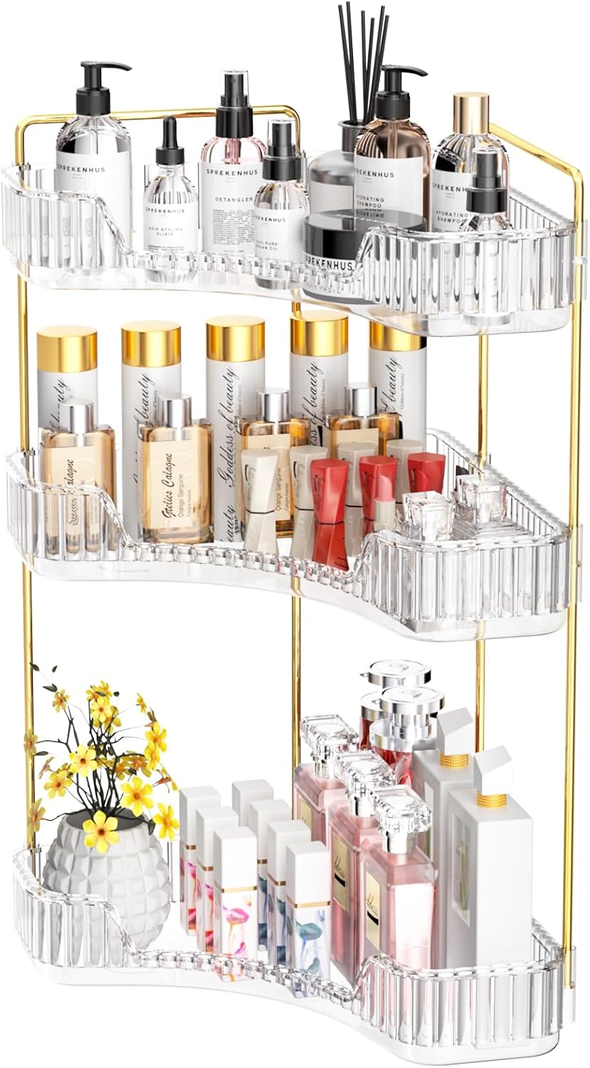 GTI 3-Tier Corner Bathroom Counter Organizer, Large Capacity Makeup Organizer Countertop, Perfume Cosmetics Skincare Vanity Organizers, Exquisite Countertop Storage for Women (Clear)