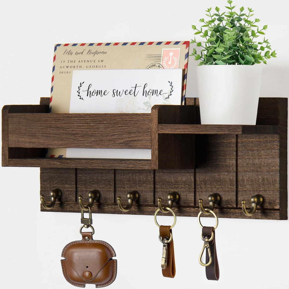 RelaxScene Key Holder Wall Mount - Decorative Key Rack and Mail Organizer with 6 Key Hooks - Wooden Key Hanger with Shelf for Living Room Decor - Rustic Farmhouse Home Entryway Aesthetic Essentials