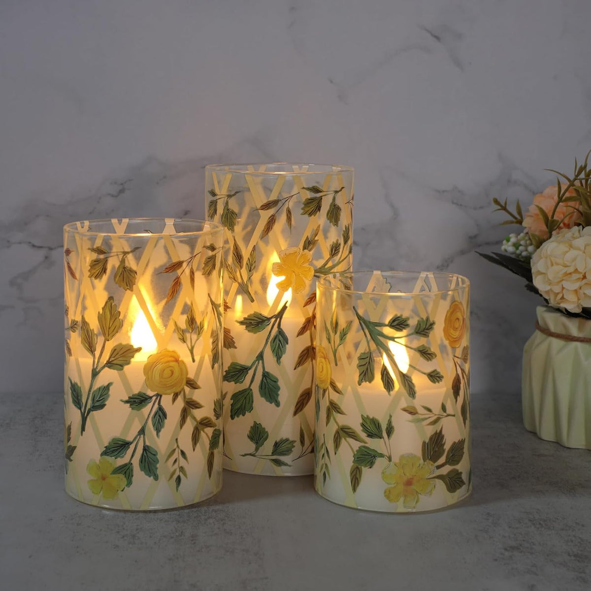 Yellow Glass Flameless Candles with Remote Vintage Rose LED Pillar Candles Battery Operated Timer & Dimmable Candle Light Rustic Farmhouse Decor for Room Wedding Table Centerpiece, 3 Pack