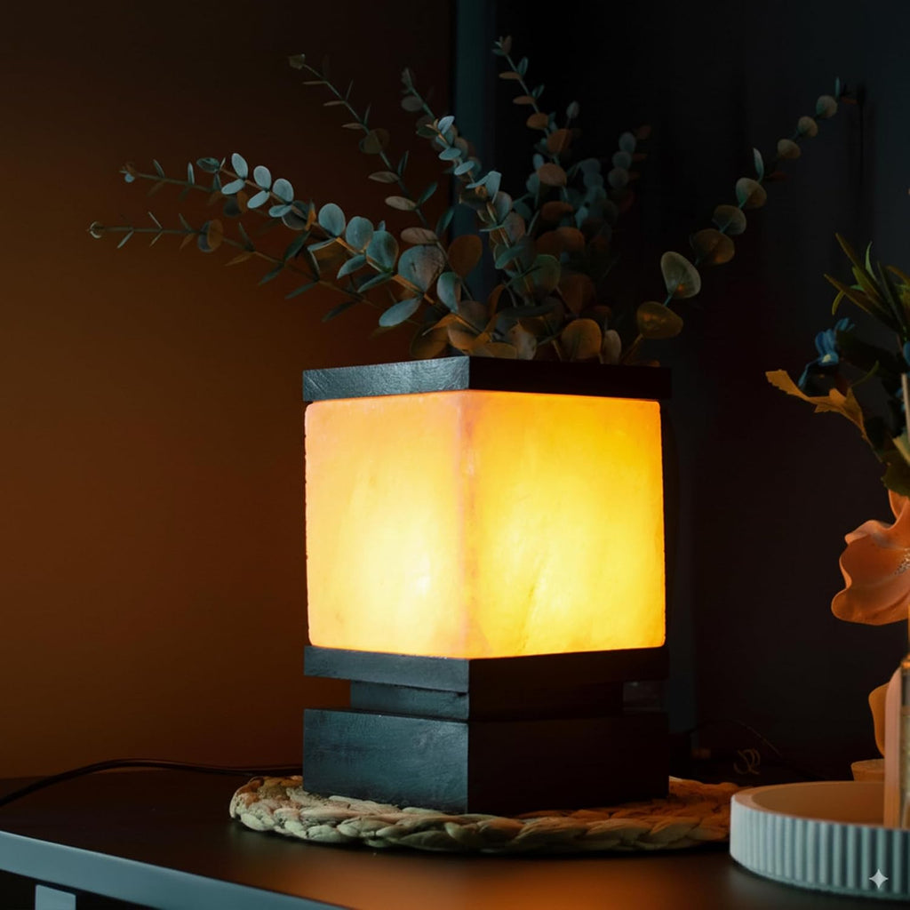 POHS 100% Authentic Himalayan Pink Salt Cube Lamp with Black Wooden Base, Dimmer Switch Cord and Two Bulbs, Night Light for Home and Office Table and Desk, Gift and Decor