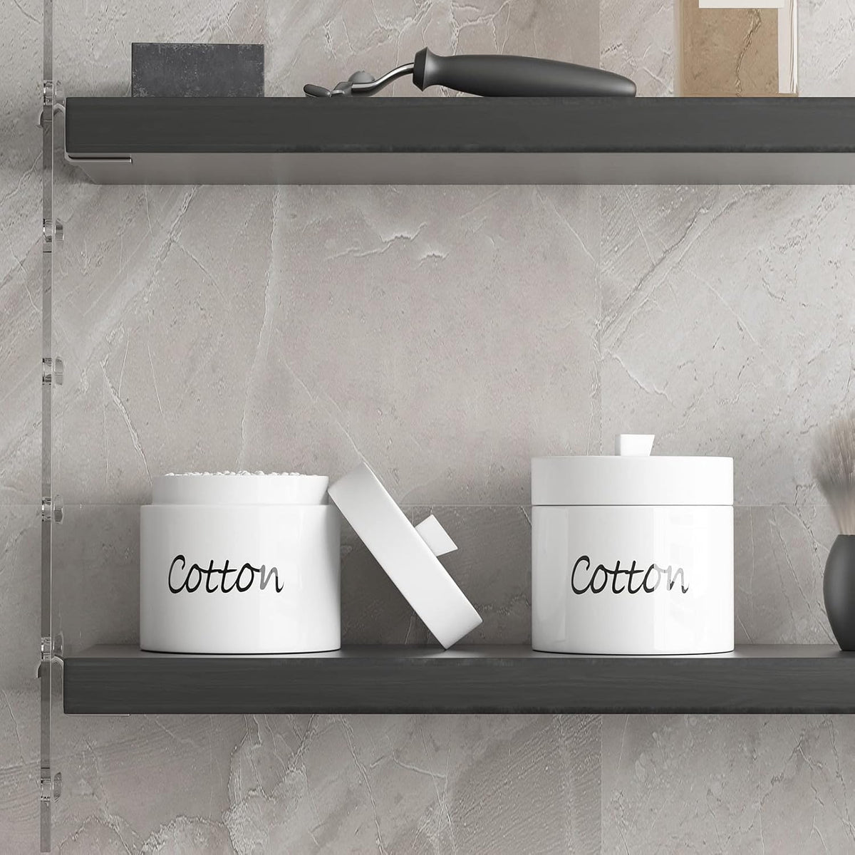 LEETOYI Ceramic Cotton Swabs Holder Organizer with Lid,Storage Canisters for Cotton Swabs, White