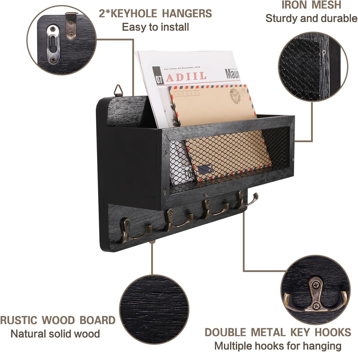 ADIIL Mail and Key Holder for Wall Decorative, Wooden Wall Mount Key Rack Hanger Organizer with 4 Double Key Hooks, Rustic Home Decor for Entryway Hallway, Black