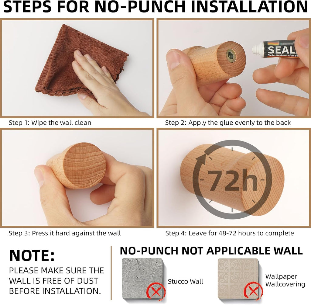 4 Pack Wood Wall Hooks Natural Wooden Coat Hooks Adhesive Hooks Heavy Duty