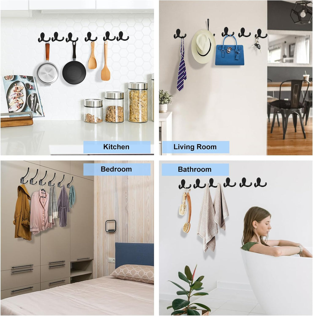 Kruodop 4 Pack Wall Hooks Wall Mounted Coat Hooks for Hanging Heavy Duty, Black Towel Hooks, Metal Double Coat Hanger with Screws Cup Retro for Coats, Handbags, Towels, Hat