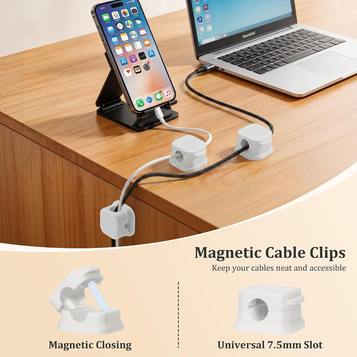Mayski 12 Pack Magnetic Cable Clips, One-Hand Operation, Adhesive Cord Holder with Replacement Pads, 7.5mm Slot, for Home Office Desk, Car, Wall