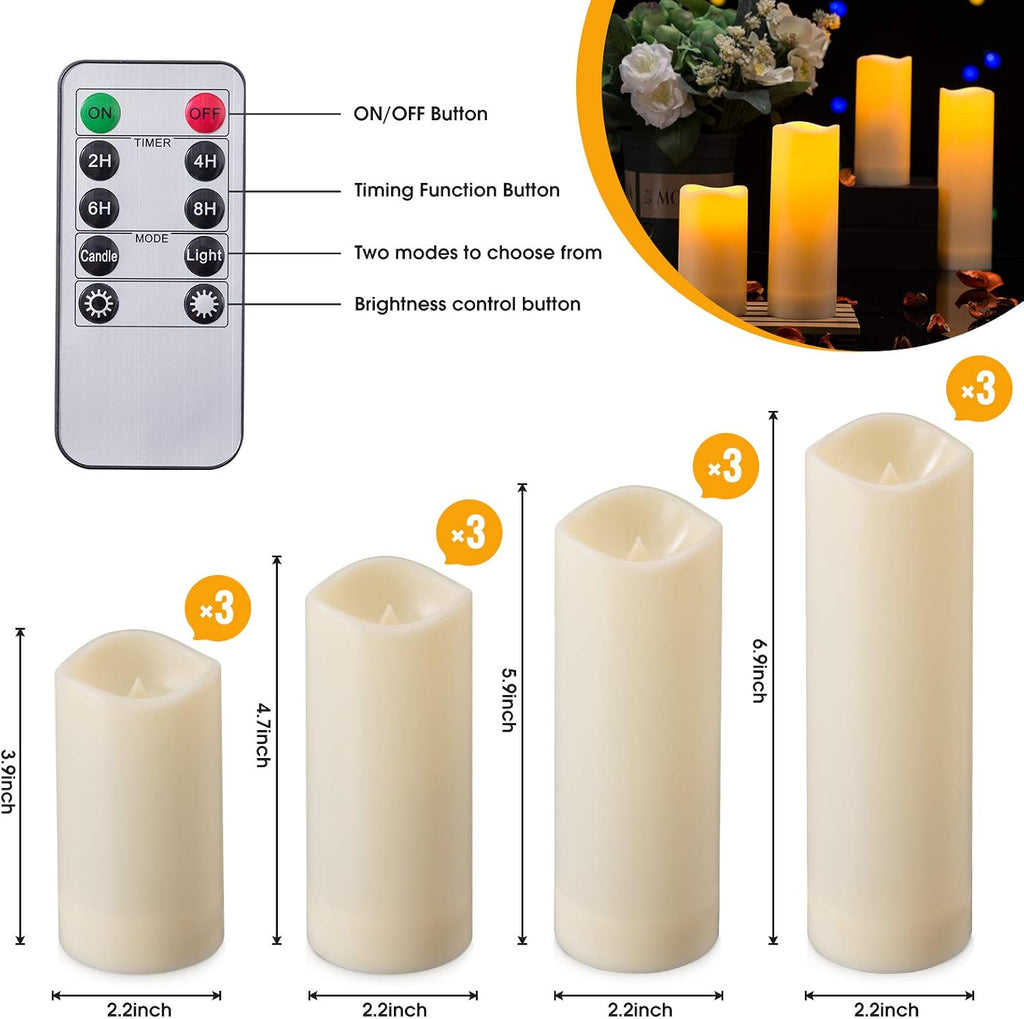 Enpornk Waterproof Flickering Flameless Candles, Set of 12 Battery Operated Candles (D2.2'' x H4''5''6''7"), Outdoor Indoor Candles with 10-Key Timer Remote, Long Lasting