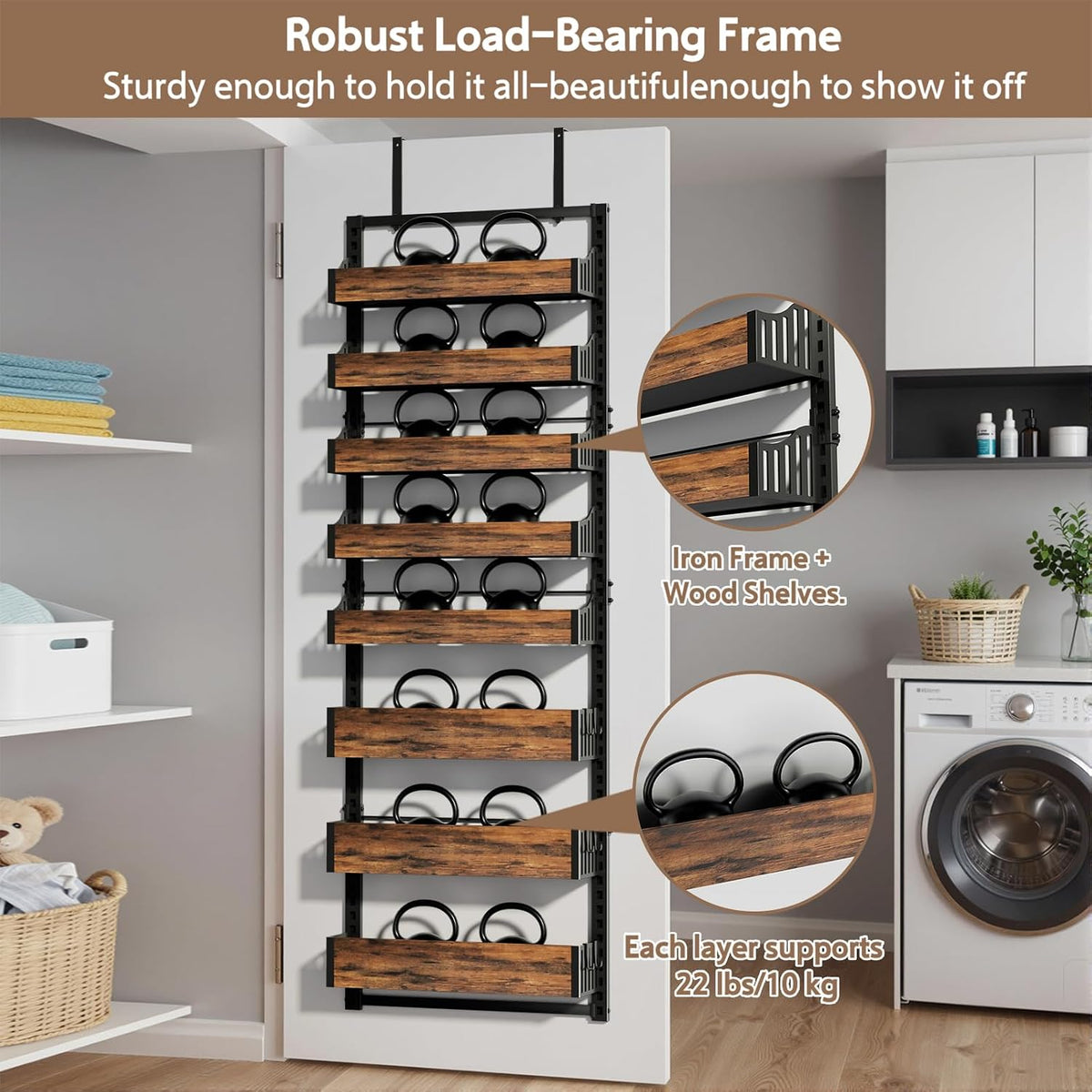 Over the Door Pantry Organizer: Pantry Organization and Storage with Hanging Shelves - 8-Tier Adjustable Basket Metal Spice Rack for Kitchen Bathroom Bedroom & Laundry Room