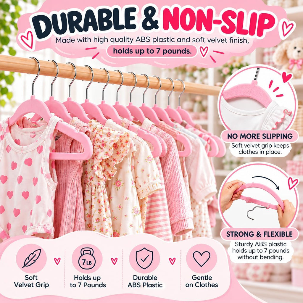 TechZoo 50 Premium Baby Velvet Hangers - 11.8 Inches Non-Slip & Ultra-Slim Baby Hangers for Space-Saving & Children Clothes - 360 Swivel Hook, Strong & Durable Infant & Toddler Clothes Hanger - Pink