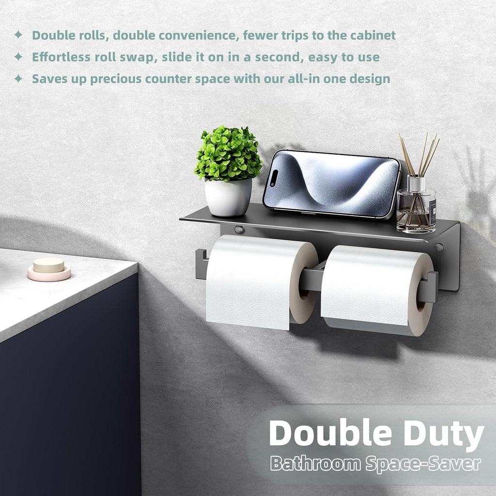 APLusee Double Toilet Paper Holder with Storage Phone Shelf, Gunmetal Gray