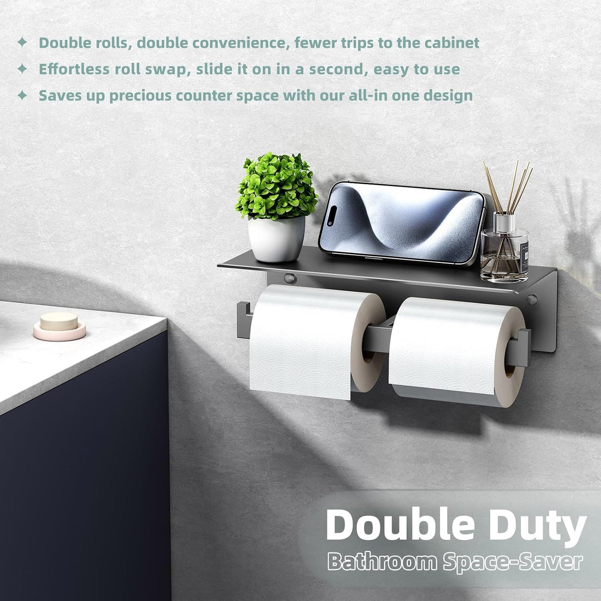 APLusee Double Toilet Paper Holder with Storage Phone Shelf, Gunmetal Gray