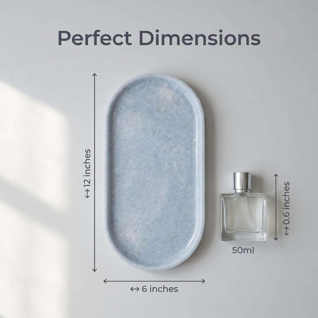 Natural Brazilian Blue Crystal Decorative Tray–12x6 Inch Translucent Stone/Marble-Style Bathroom Countertop Tray–Elegant Tray for Vanity, Perfume, Candles, and Jewelry–Durable Bathroom Countertop Tray