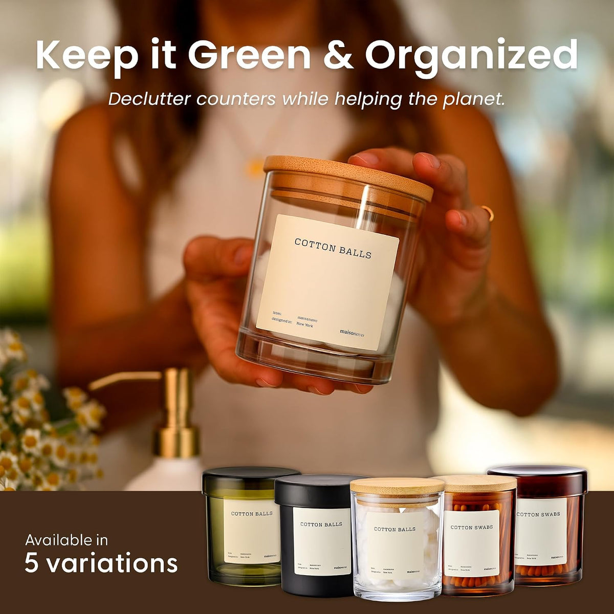 MaisoNovo Glass Bathroom Containers with Lids (Airtight) - Qtip Holder - Apothecary Jars for Cotton Rounds, Swabs, Balls, Pads - Clear Q Tip Dispenser - 2 pcs Bathroom Canisters Set for Organization