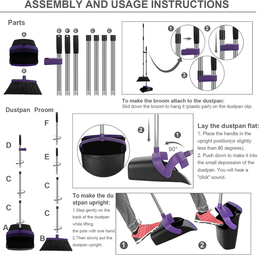 Purple Broom and Dustpan Combo Set, 55" Long Handle Broom