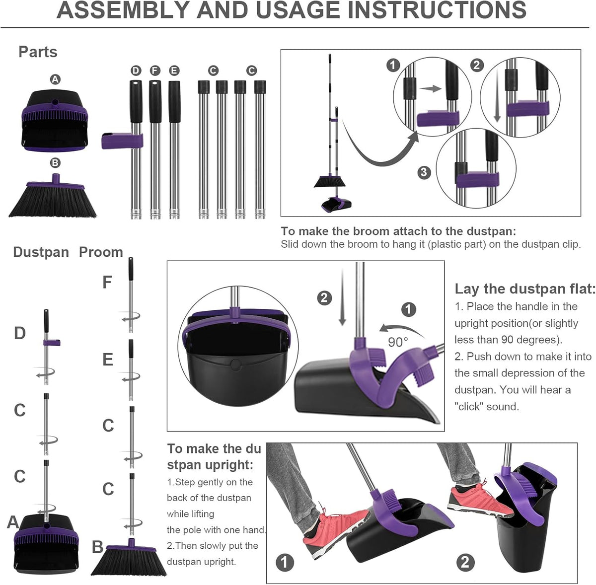 Purple Broom and Dustpan Combo Set, 55" Long Handle Broom