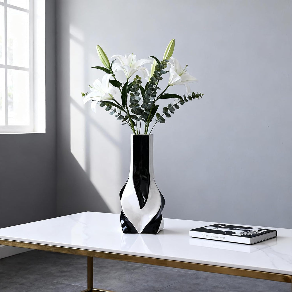 10.6" Black and White Ceramic Vase, Modern Geometric Flower Vase for Dining Table Centerpiece, Elegant Decorative Vase for Pampas Grass, Living Room, Bedroom, Office, Tabletop Decoration