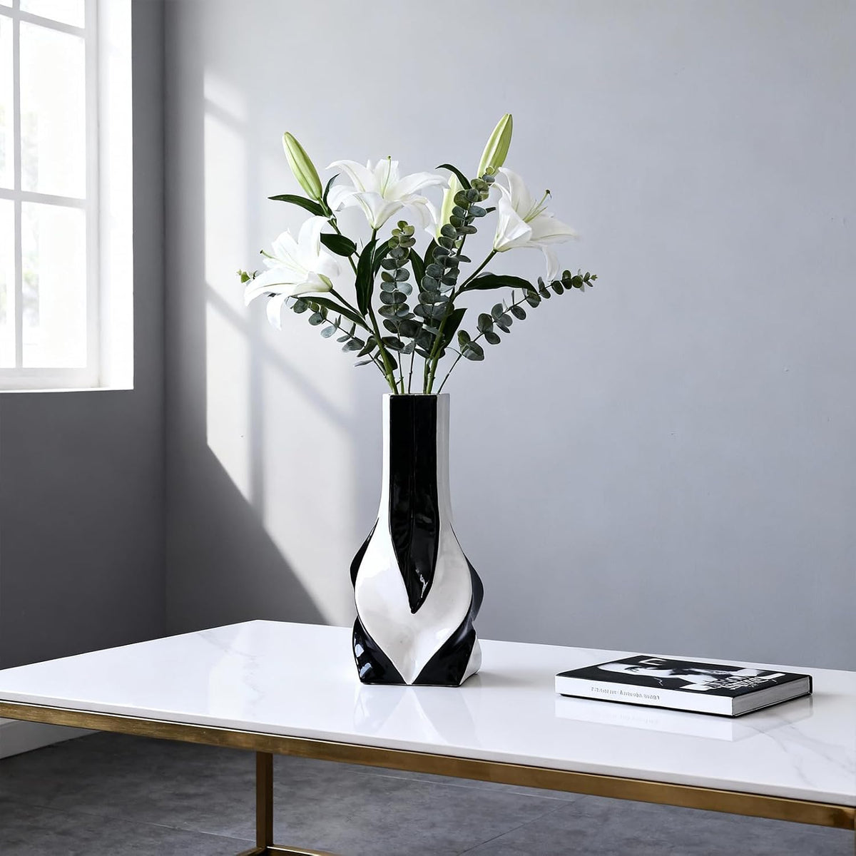10.6" Black and White Ceramic Vase, Modern Geometric Flower Vase for Dining Table Centerpiece, Elegant Decorative Vase for Pampas Grass, Living Room, Bedroom, Office, Tabletop Decoration