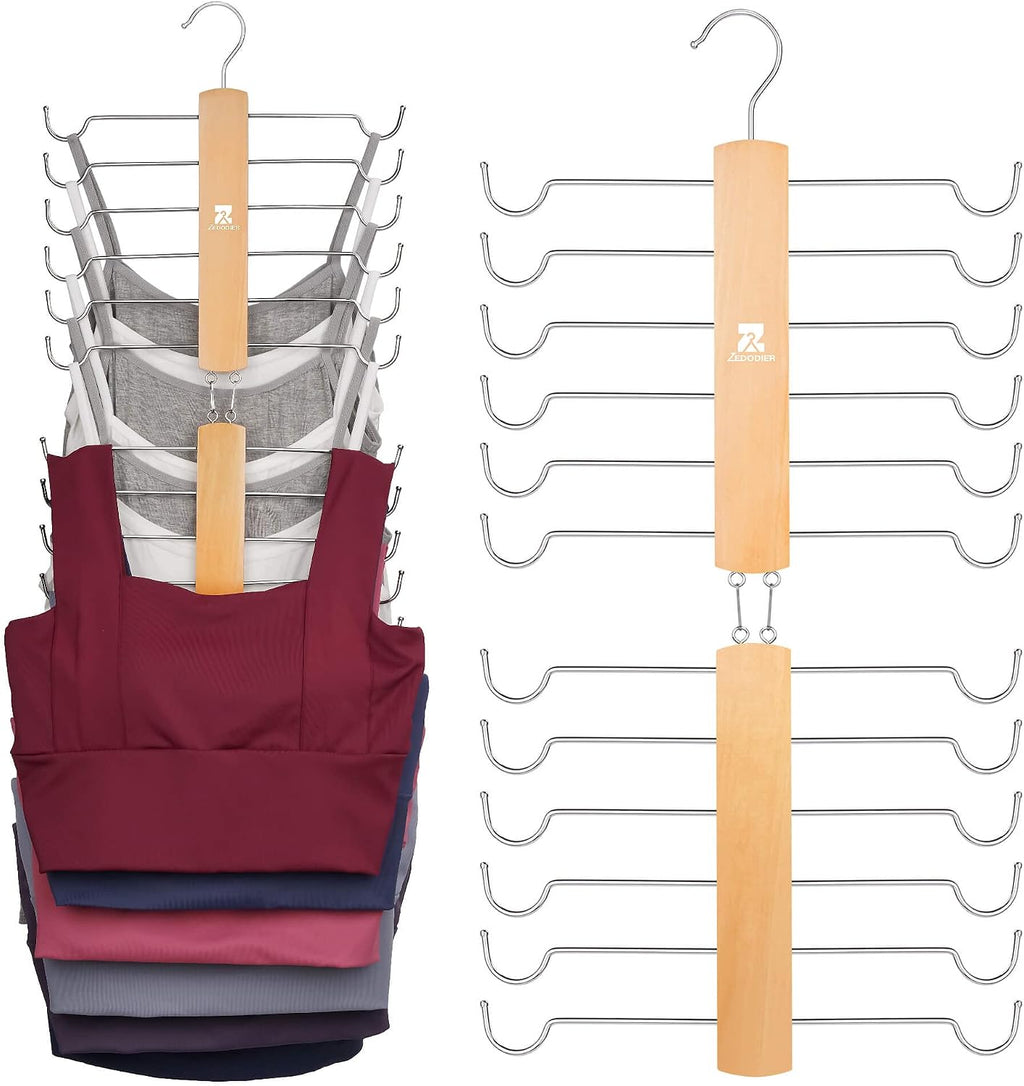 ZEDODIER Tank Top Hanger，2 Pack Wooden Bra Organizer for Closet, Maximum 12 Storage Capacity, Top 360° Rotation, Hanging Space Saving Hook for Tank Tops, Sport Bras, Camisoles, Lingeries