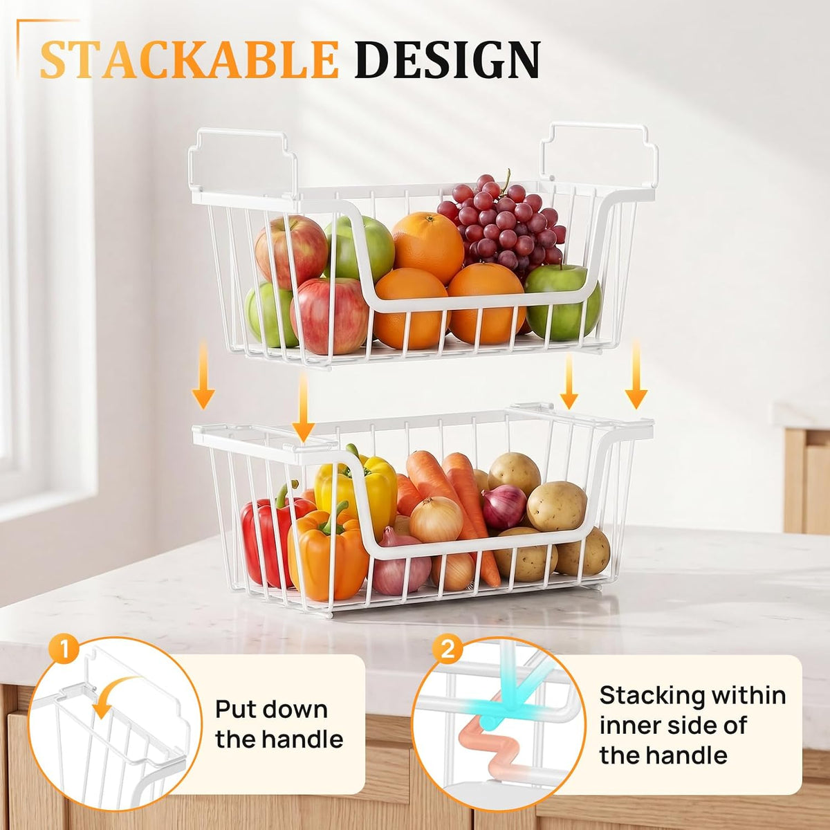 SUNALLY Stackable Storage Bins 4 Pcs Wire Baskets Freezer Organizer, White
