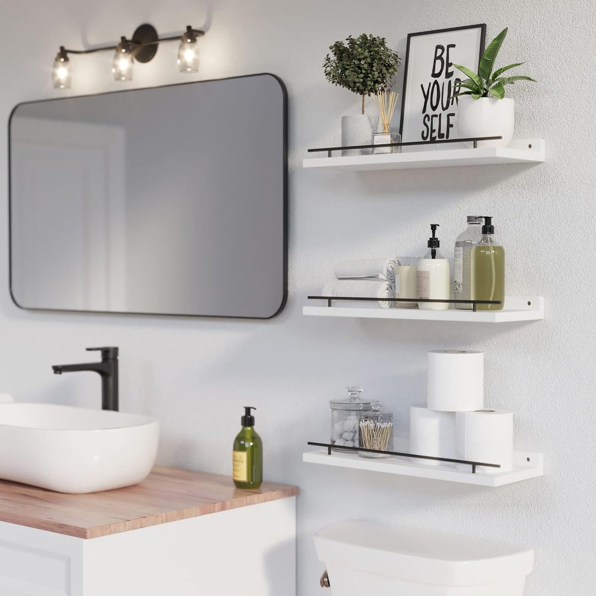 WOPITUES Floating Shelves for Wall Decor Set of 3, Black and White