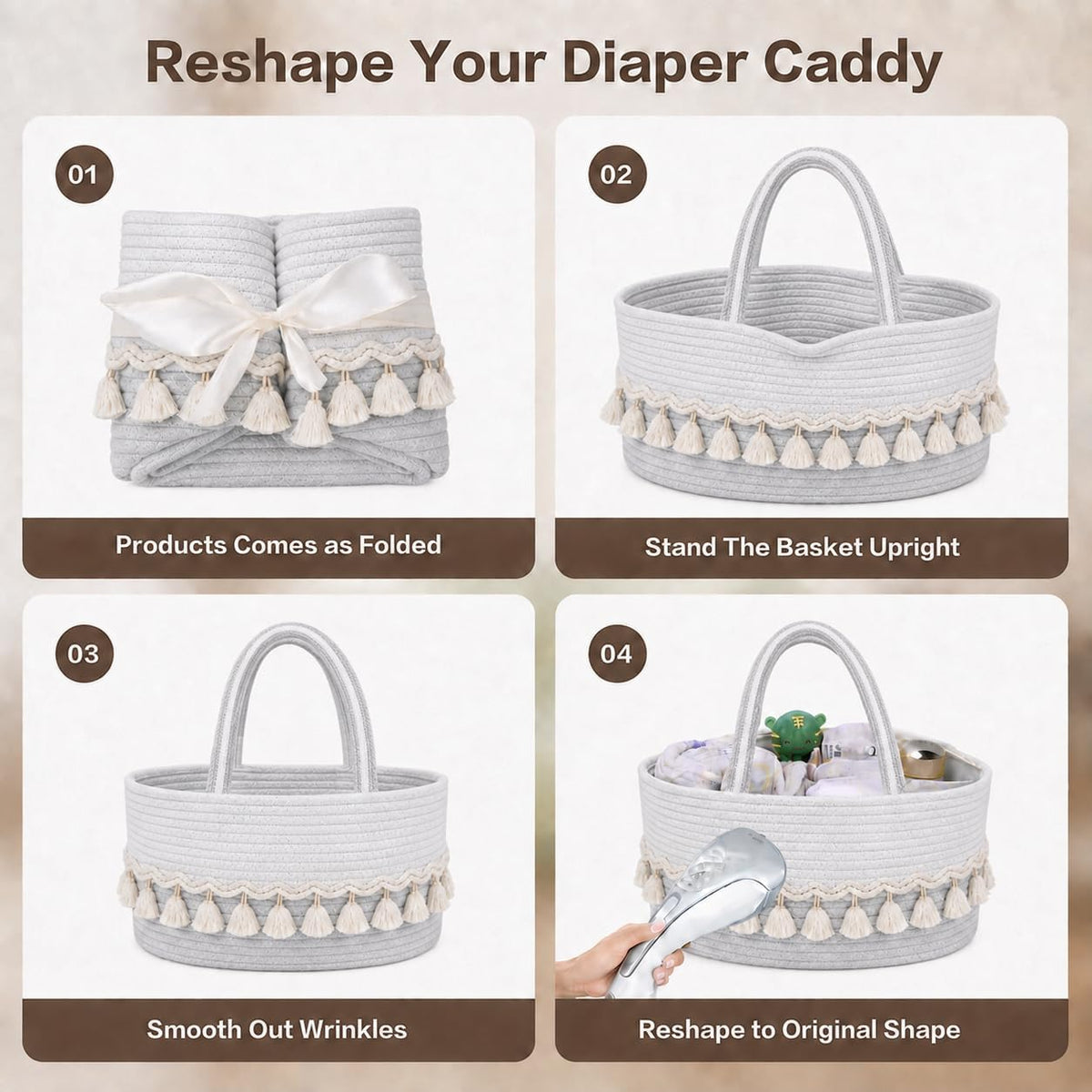 Cotton Rope Baby Diaper Caddy Basket with Handles, Grayish White