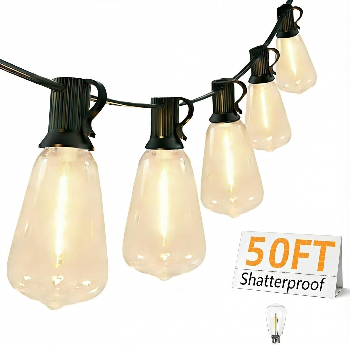 Outdoor LED String Lights with 50 Feet 26 Edison Plastic Bulbs(1 Spare), Waterproof Hanging Lights for Patio Backyard Porch Balcony Party Decoration