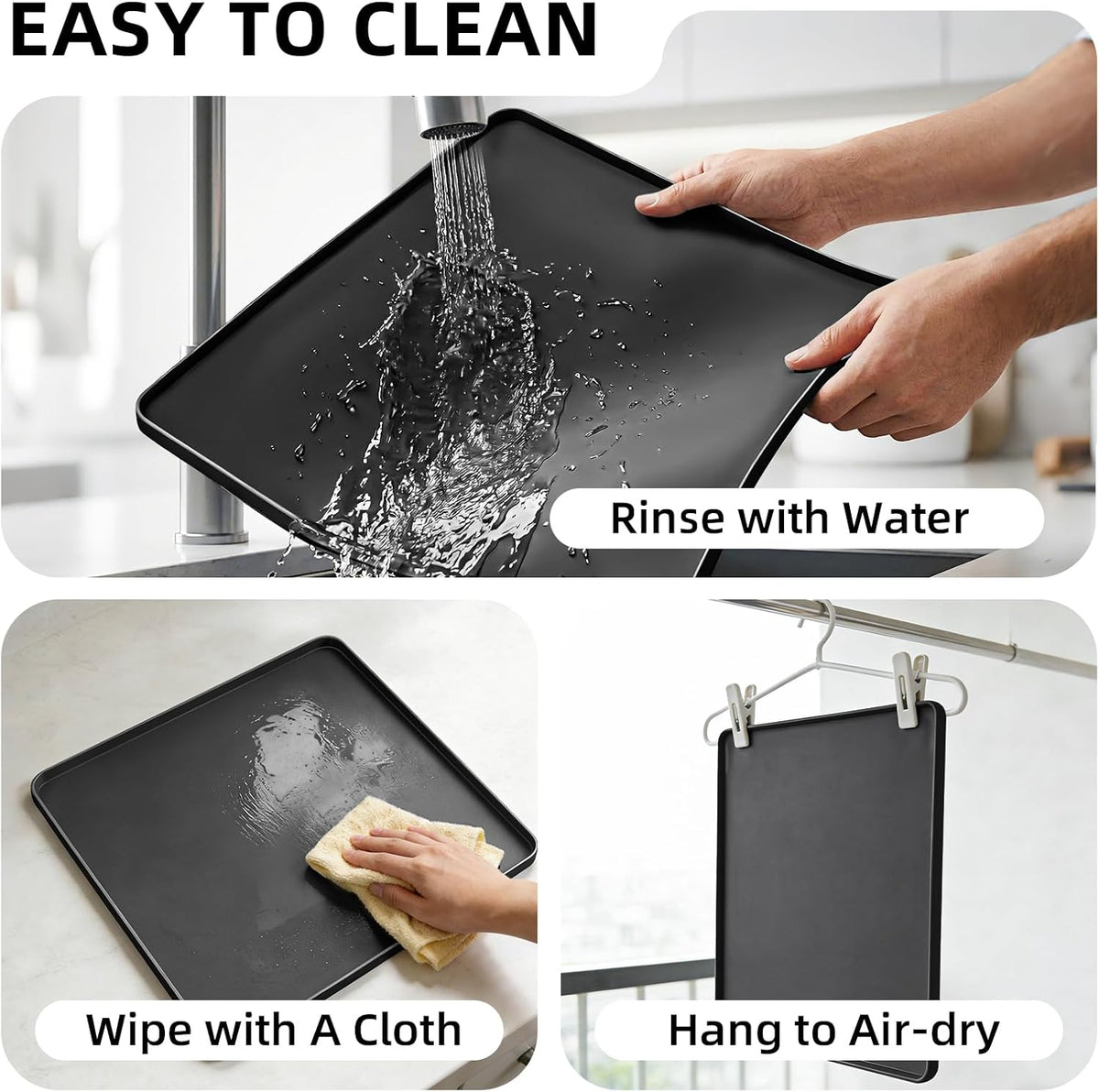 Water Cooler Mat, Waterproof Silicone Tray 19.7"x19.7", Black