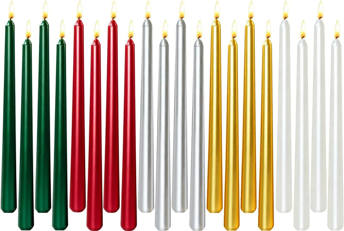 4 White 4 Red 4 Green 4 Gold 4 Silver 10 Inch Metallic Taper Candle