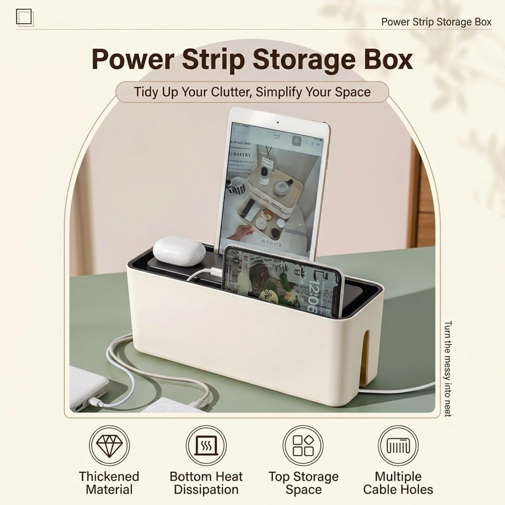 Cable Management Box, Dust-Proof & Heat Dissipation Cord Organizer, Hide Power Strips and Messy Wires, 11.8" (L) x 4.3" (W) x 4.5" (H), Home Office Desk Accessories, Includes 3 Stickers & Straps