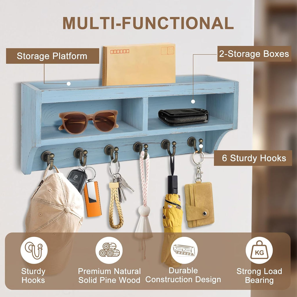 Key Holder Wall Mount with Mail Organizer, 6 Hooks & Shelf, Blue