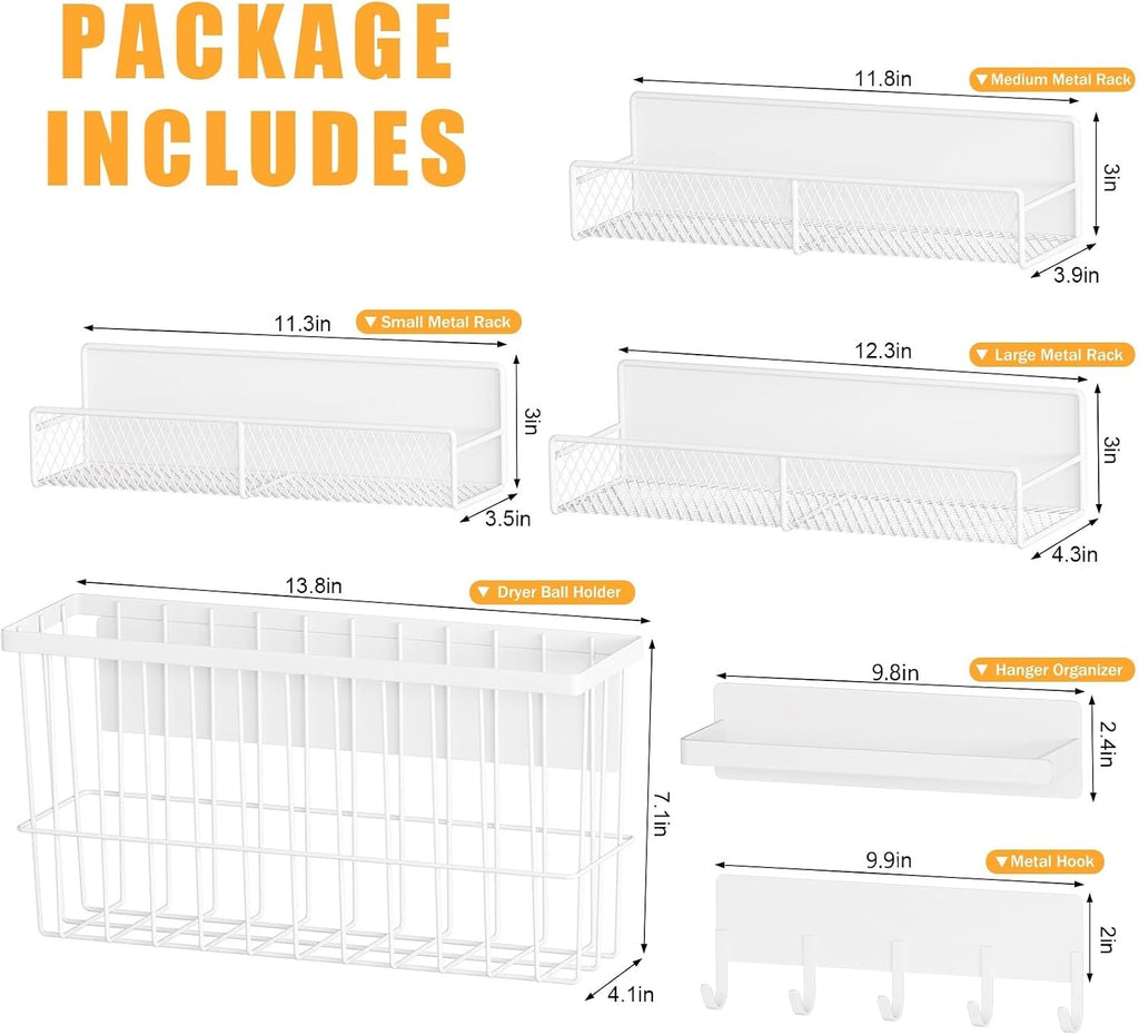 6 Pack Magnetic Shelves for Washing Machine, Magnetic Spice Rack Organizer for Refrigerator, Magnetic Shelf with Hanger Organizer, Metal Magnetic Basket, Laundry Organization and Storage, White