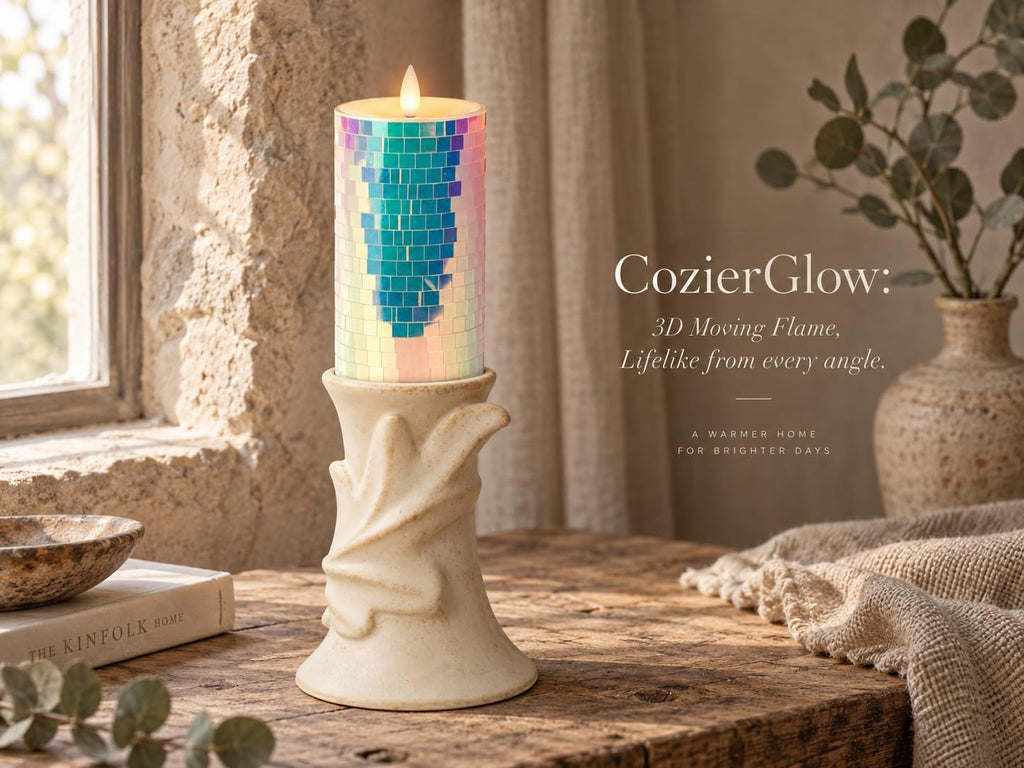 Glass Flameless Pillar Candles Flickering with Remote Timer, Battery Operated LED 3D Moving Flame Real Wax Candles,Remote Included (Rainbow Laser Mosaic)
