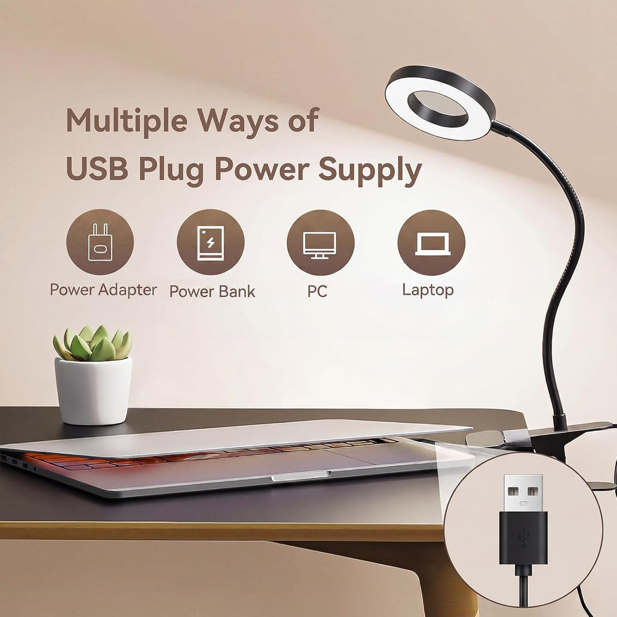 LED Desk Lamp Clip on Light with 3 Color Modes 10 Brightness Ring/Clamp Light 360° Adjustable Neck Dimmable Eye Protection Desk Lamps for Home Office (2 Pack Clip Lamp)