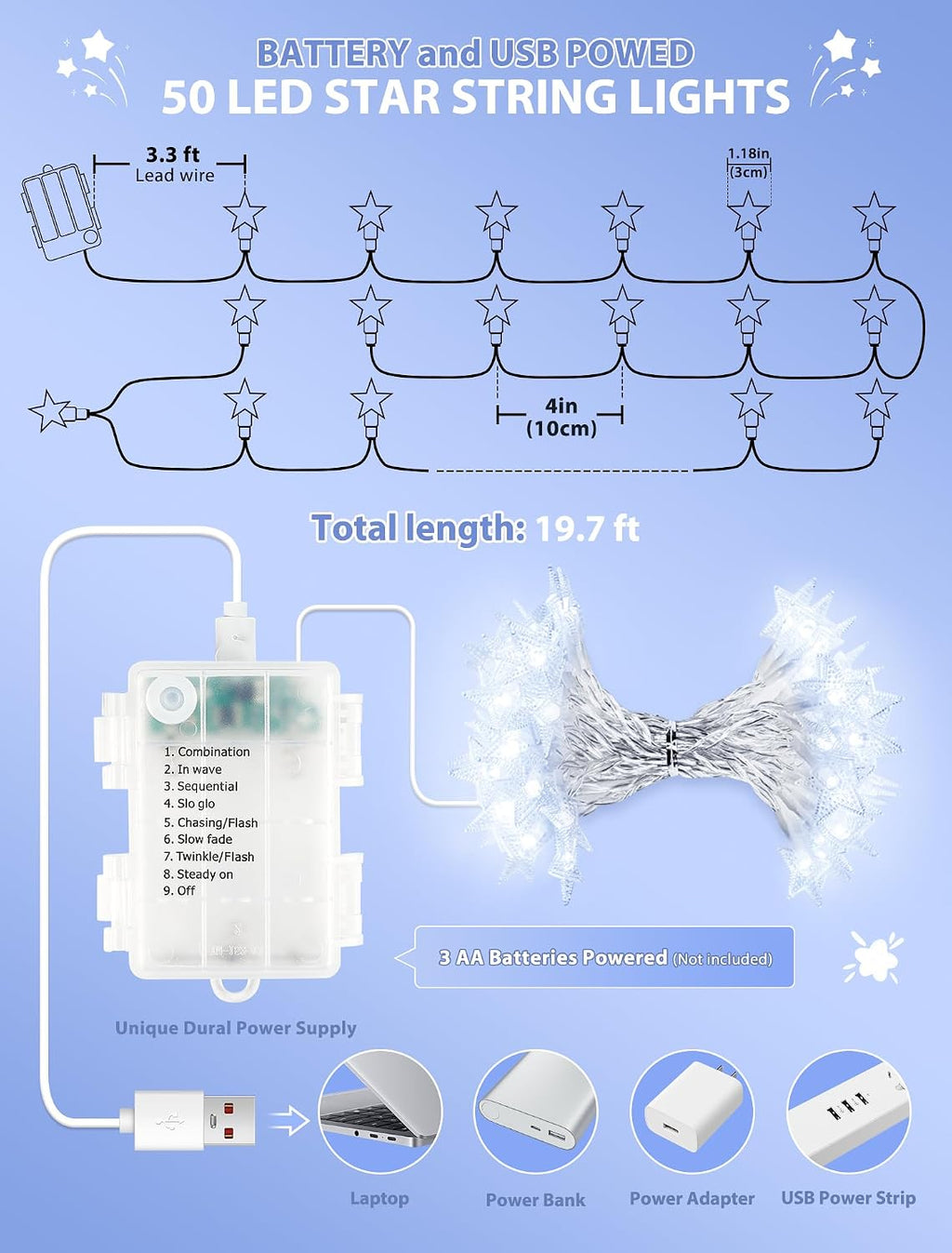 19FT 50 LED White Star String Lights, Battery & USB Powered