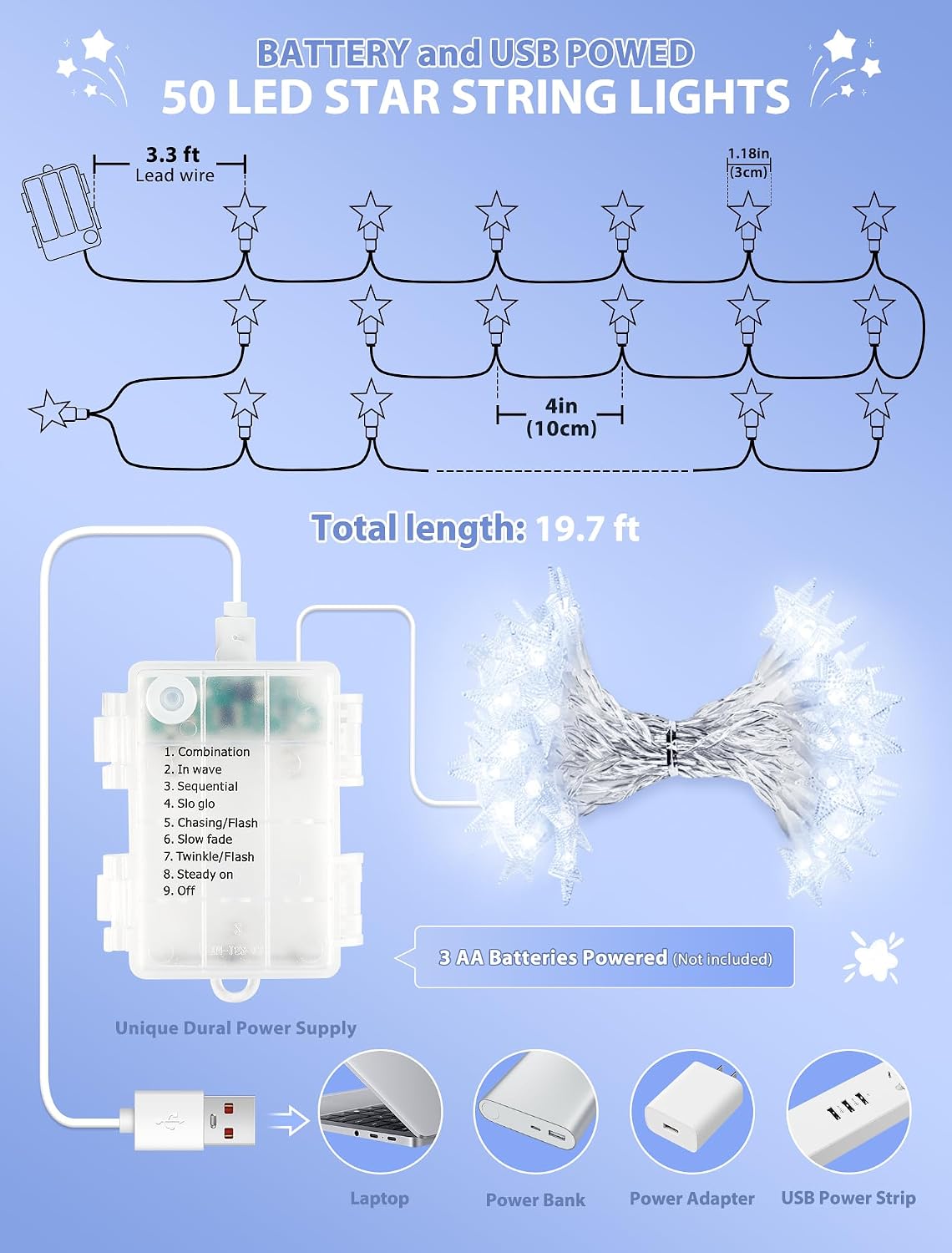 19FT 50 LED White Star String Lights, Battery & USB Powered