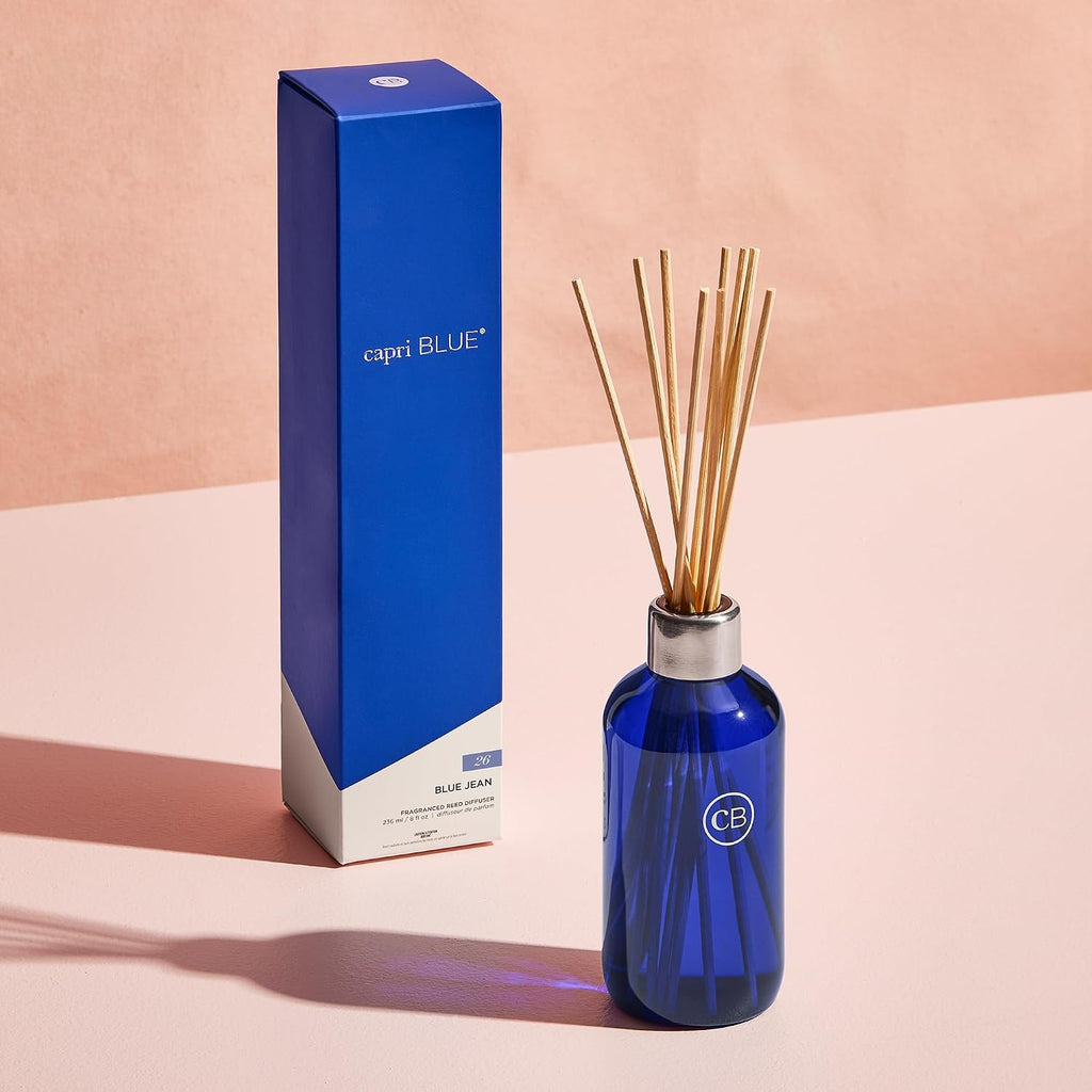Capri Blue Blue Jean Reed Diffuser Set - Includes Sticks - Fragrance Oil - and Glass Bottle - Scented Room Freshener - Cobalt (8 Fl Oz)