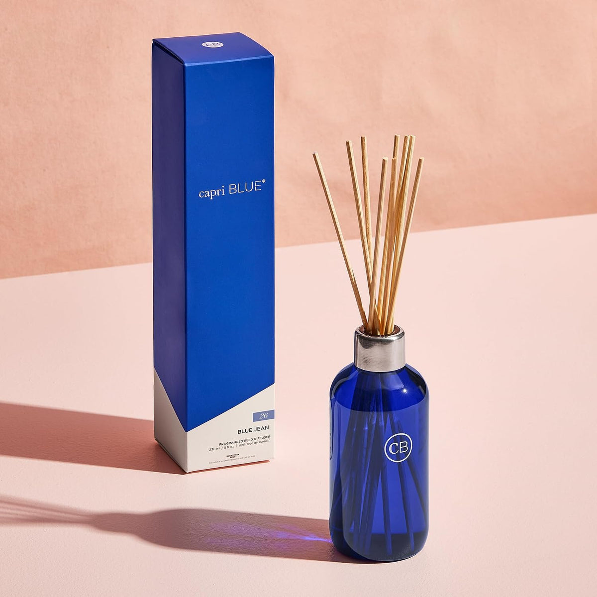 Capri Blue Blue Jean Reed Diffuser Set - Includes Sticks - Fragrance Oil - and Glass Bottle - Scented Room Freshener - Cobalt (8 Fl Oz)