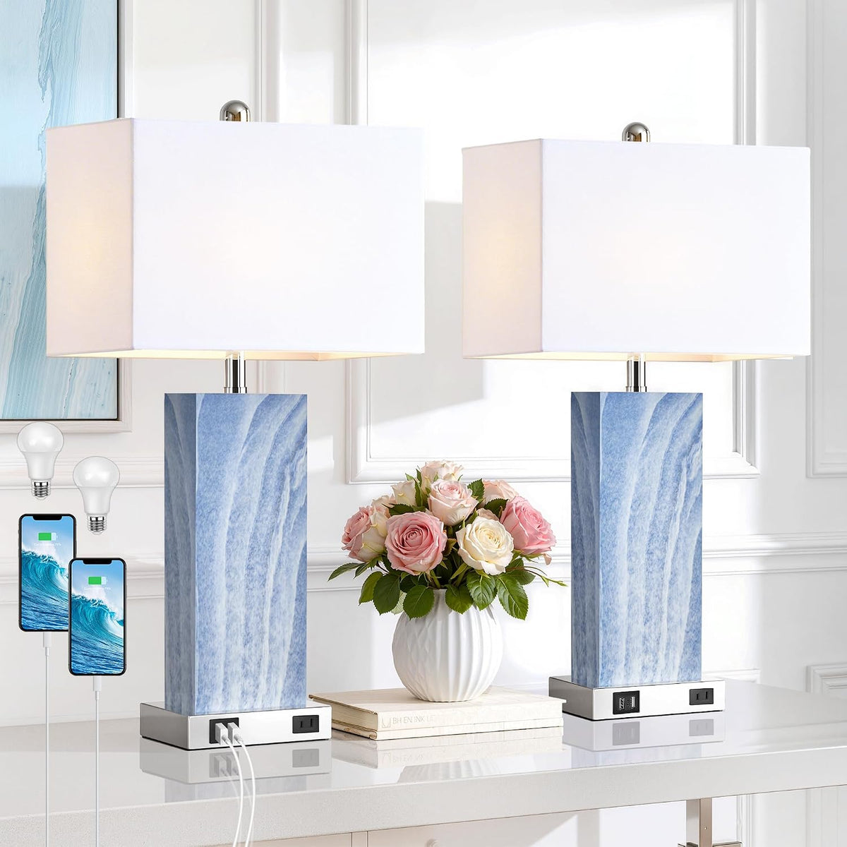 Touch Control Table Lamps with White Fabric Shade Set of 2, 3-Way Dimmable Modern Ceramic Blue Nightstand Bedside Lamp with 2 USB Ports 1 AC Outlet for Living Room, Bedroom (LED Bulbs Included)