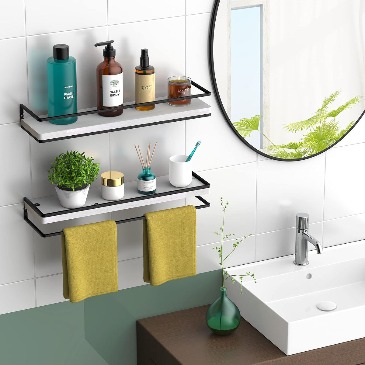 Meangood White Floating Shelves for Wall, 17 inch Bathroom Shelf, Set of 2