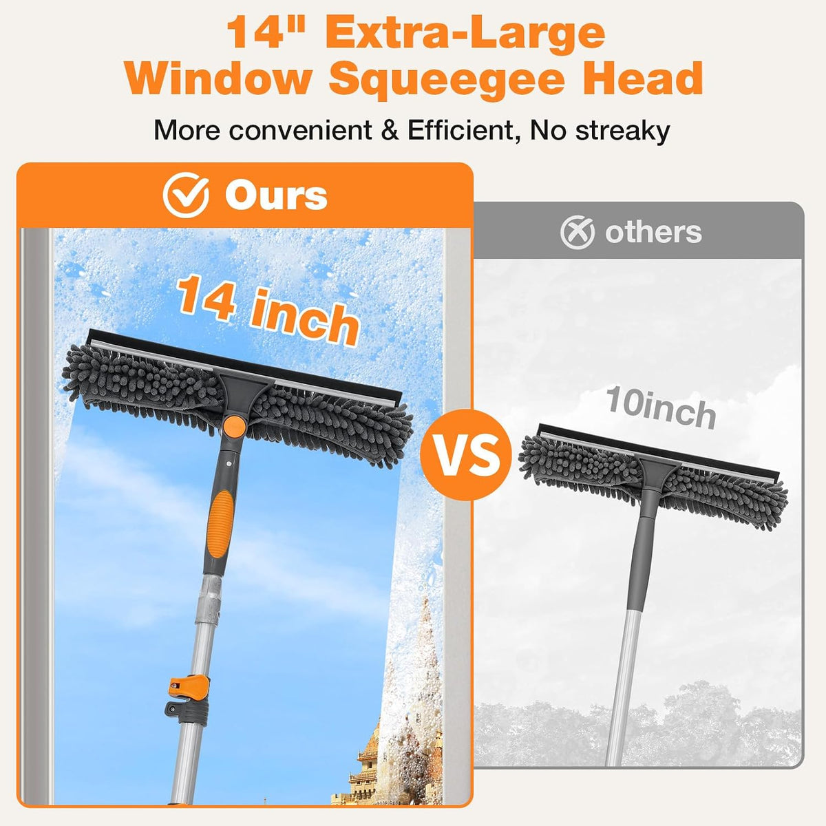 20FT Reach Window Squeegee with 5-12 FT Extension Poles, 2-in-1 Window Cleaner Tool Extra-Large 14" Window Squeegee Window Cleaning Kit with Telescopic Pole with Rotatable Head, for High Window Glass
