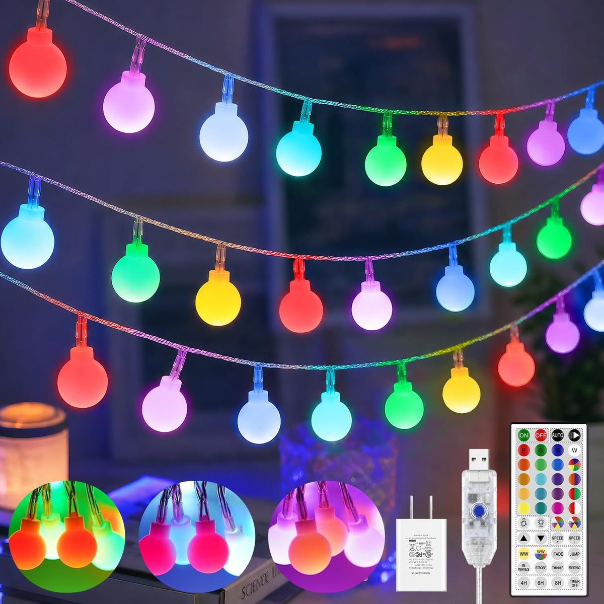 16.5ft 50LED Indoor String Lights with Remote, 24 Colors+Warm White String Lights Bedroom USB Powered, Color Changing Christmas Lights Hanging for Dorm Classroom, Party, Patio, Wall, Christmas Decor