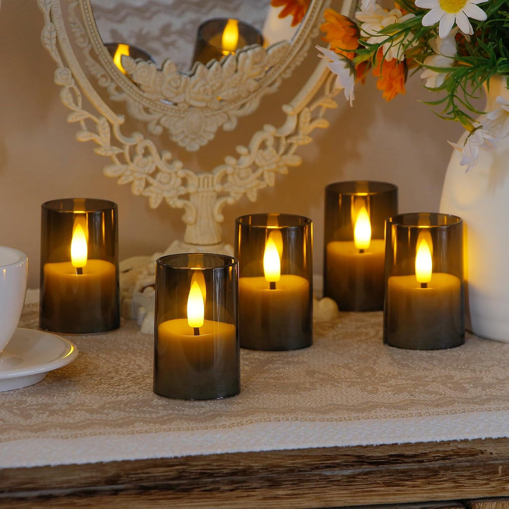 Flameless D: 1.7" H: 2.5" Small Tea Light LED Candles, Acrylic Battery Operated Votive with Remote Control and Timer, Tealight Grey Flickering Warm Light Pack of 15 Electric Long Lasting