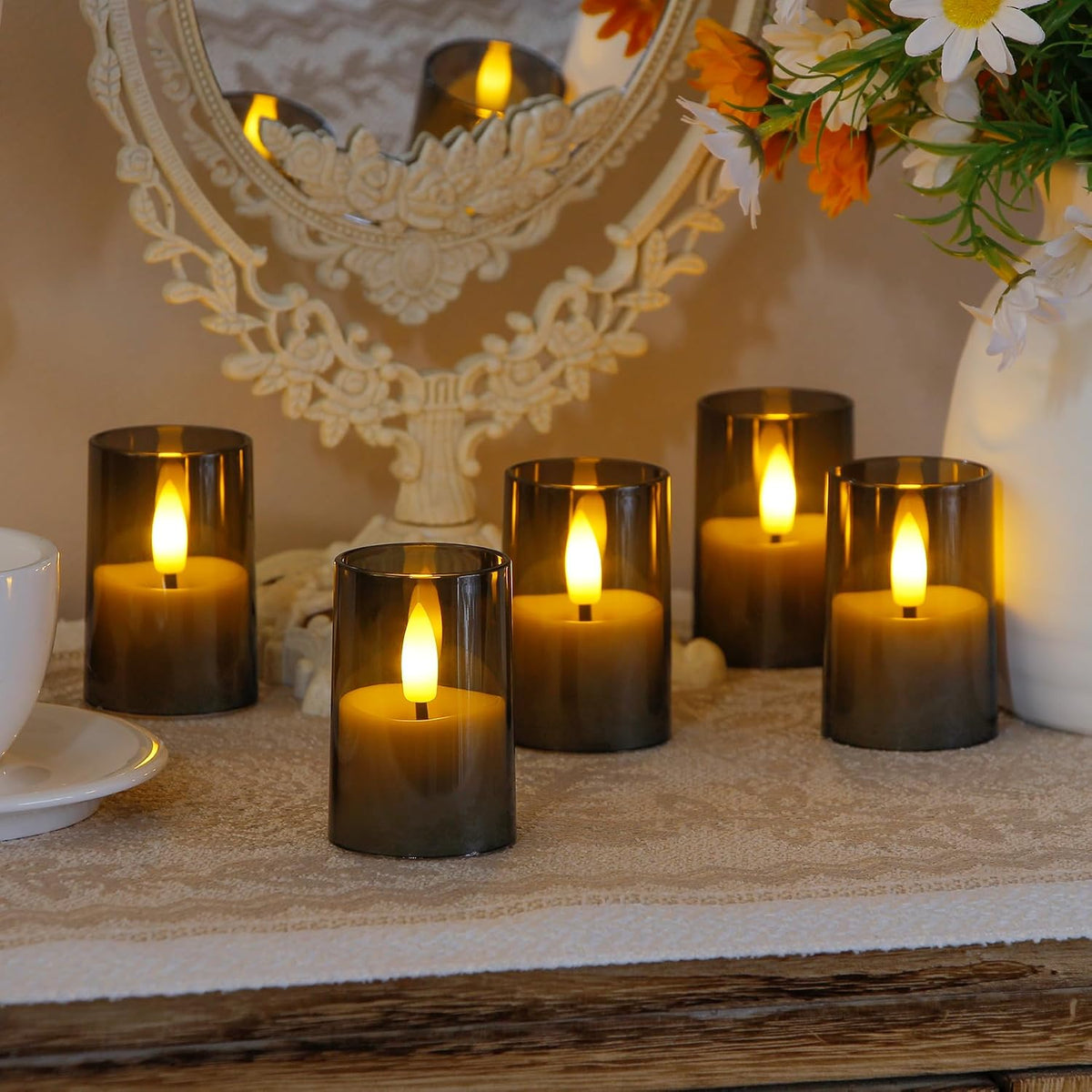 Flameless D: 1.7" H: 2.5" Small Tea Light LED Candles, Acrylic Battery Operated Votive with Remote Control and Timer, Tealight Grey Flickering Warm Light Pack of 15 Electric Long Lasting