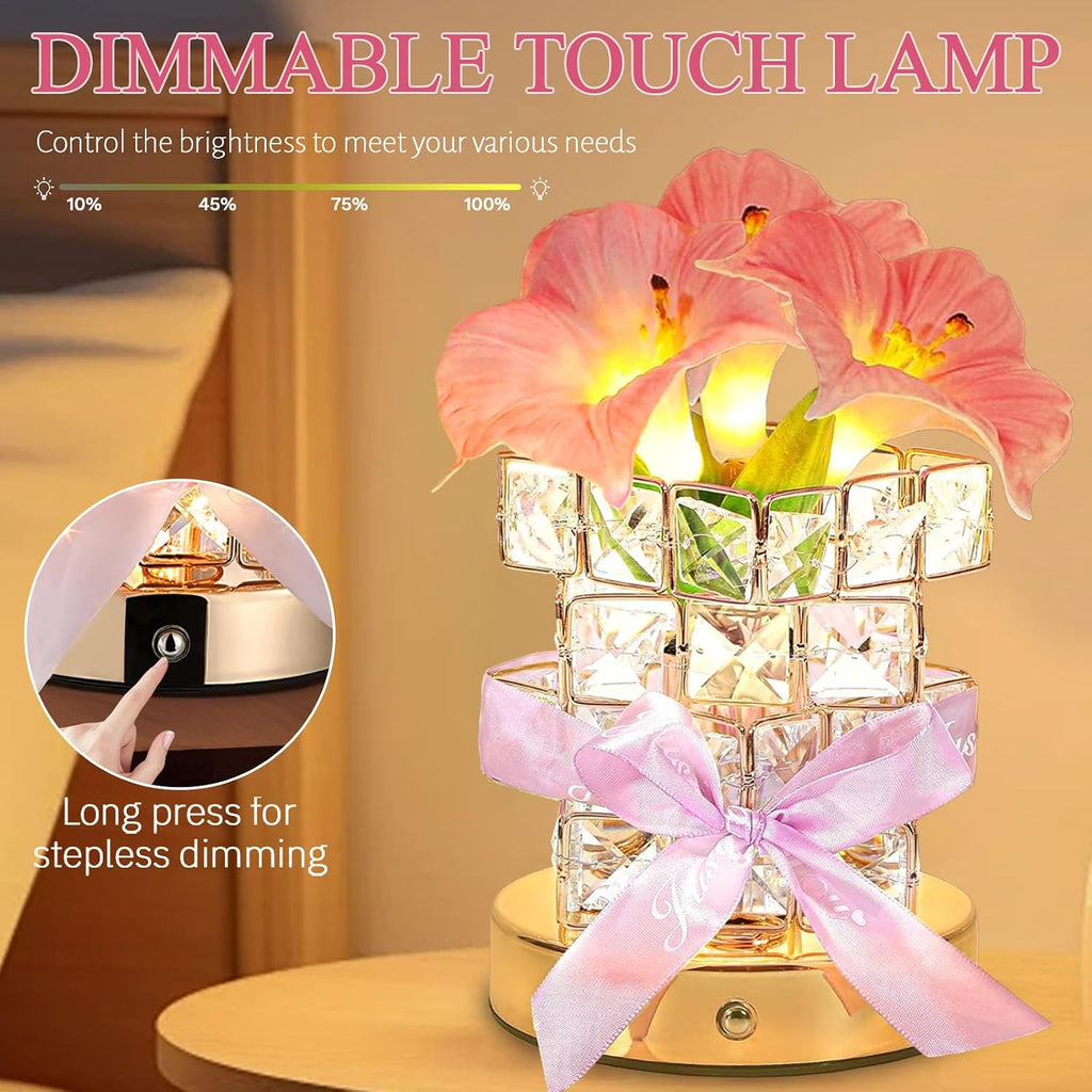 Flower Table Lamps, Rechargeable Cordless Crystal Night Light, 3 Colors Touch Dimming Artificial Flower Light, LED Flowers Bedside Lamp Romantic Gifts for Girl Women Mom (MF Morning Glory-Pink)