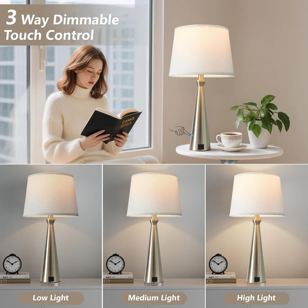 Modern Touch Lamps for Nightstand, 3 Way Dimmable Bedroom Lamp Set of 2
