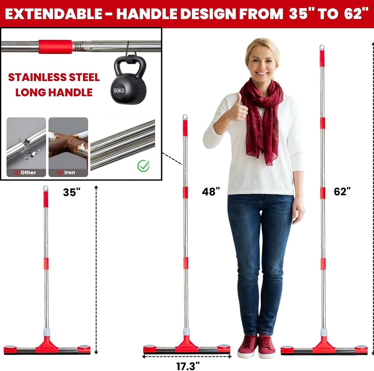 Floor Squeegee Scrubber with Extendable 62" Long Handle