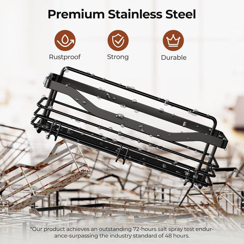 Orimade Adhesive Shower Caddy Shelf with 5 Hooks Organizer Storage Rack Rust Resistant Wall Mounted Stainless Steel No Drilling for Bathroom, Toilet, Kitchen - 2 Pack,Black