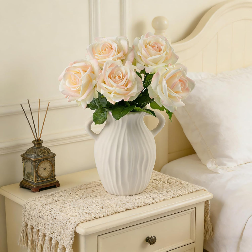 Real Touch Artificial Roses, 5Pcs Light Champagne Faux Silk Flowers
