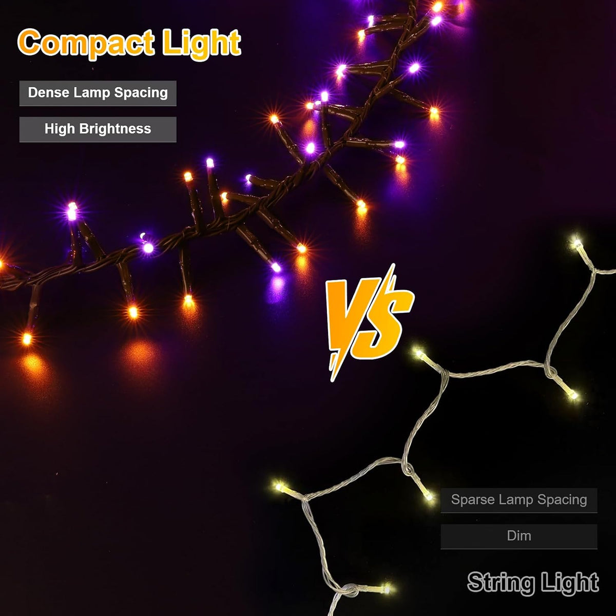 LAMPHOME 500 LED String Lights Outdoor, 16 Modes Plug in Twinkle Fairy Lights for Bedroom, 46ft 500LED Halloween Lights Cluster Lights Outdoor Waterproof-Purple&Orange