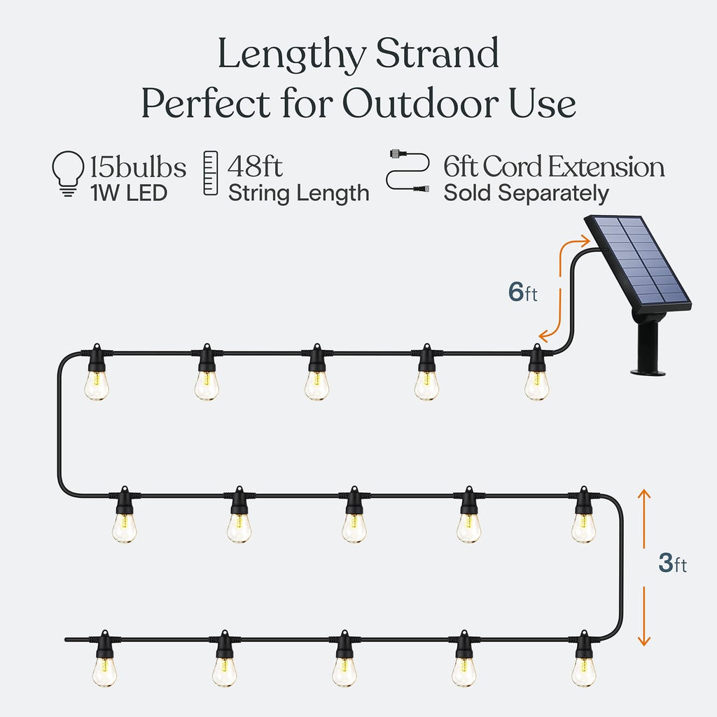 Brightech Ambience Pro Solar Powered Outdoor String Lights, 48 ft Commercial Grade Waterproof Patio Lights, 15 Edison Bulbs, Shatterproof LED String Lights for Outside, Porch - 1W Soft White